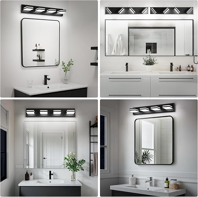 Modern LED Bathroom Lights Fixtures 4-Light,Metal Black Acrylic Wall Lighting,Vanity Lights for Bathroom Over Mirror 6000k 27in