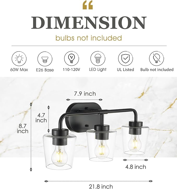 Bathroom Light Fixtures, 3-Light Matte Black Vanity Lights Over Mirror with Clear Glass, Modern Vanity Lighting Fixtures, AD-22004-3W-BK-C