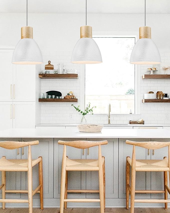 ELYONA 2 Pack Hammered Pendant Light Fixtures, 10.2” Metal & Rubber Wood Island Hanging Lamp, Adjustable Height, Modern Pendant Lighting for Kitchen,Farmhouse Bar,Dining Room,Bedroom, Nordic White