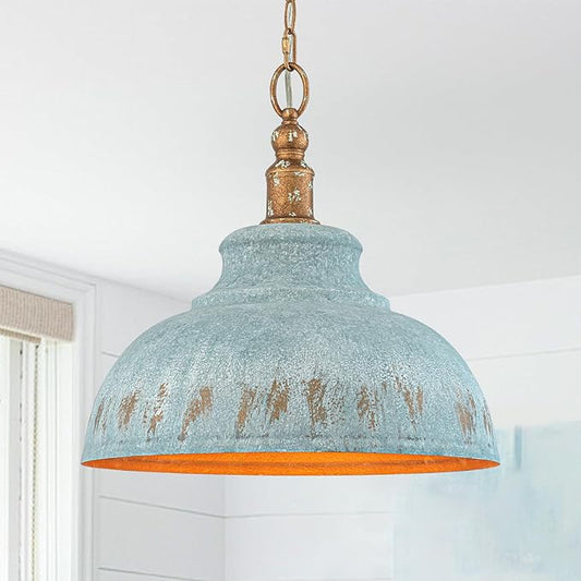Single Pendant Lights, 15.75” Peacock Green Kitchen Island Lighting, Hanging Lamp for Dining Room, Vintage Light Fixtures for Living Room with Adjustable Chain for Flat Sloped Ceilings
