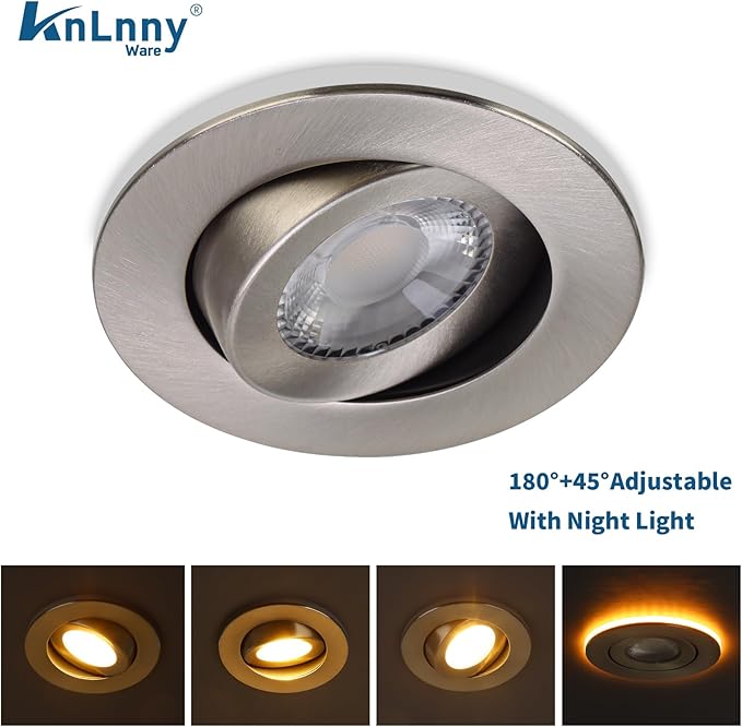 KnLnny Ware Brushed Nickel 4 Inch Recessed Lights with Night Light 6 Pack,Ajustable Recessed Lights,spot Lights Indoor with Junction Box,5CCT Selectable,9W 750LM,Dimmable