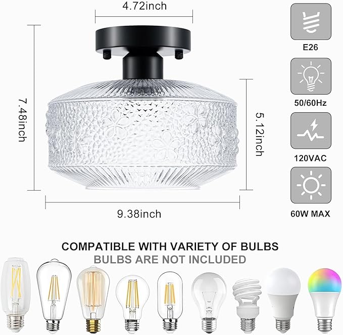 Semi Flush Mount Ceiling Light, 9 Inch Modern Small Ceiling Light Fixture with Thickened Glass & Stone Floral Pattern, Black Metal Base for Hallway Kitchen Bedroom Hotel Cafe