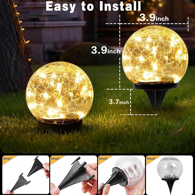 SyouHome Solar Garden Lights Outdoor Waterproof, 4 Pack LEDs Cracked Glass Ball Light, Ground Landscape Garden Decor, Solar Globe Decorative for Pathway/Patio/Lawn/Yard