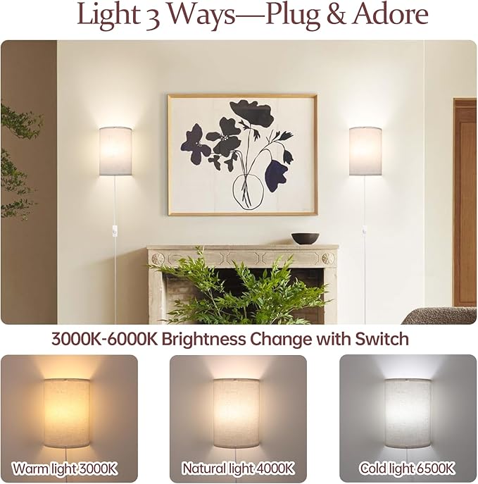 Shenmoyl Plug in Wall Sconces Set of 2 - Dimmable 3 Light Modes, Soft Fabric Linen Shade, Easy Install Wall Lamp for Bedroom, Corridor, Living Room Indoor Ambience Lighting with Switch