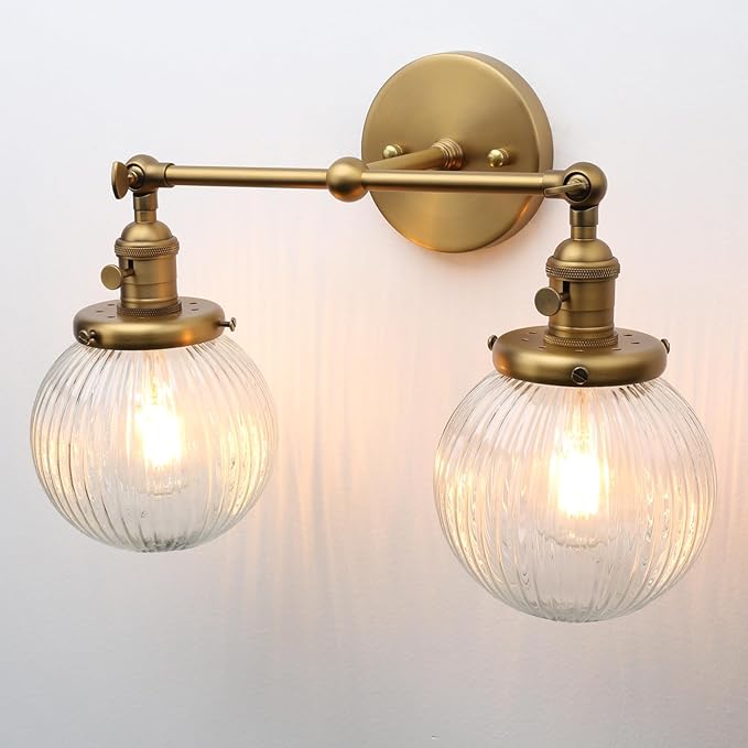 PERMO 2 Lights Sconce with Switch Industrial Gold Wall Sconce Lighting with Ribbed Globe Lampshade Vintage Double Wall Sconce Bathroom Sconce, Hardwired, E26 Base