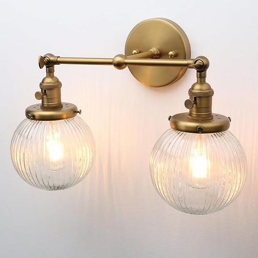 PERMO 2 Lights Sconce with Switch Industrial Gold Wall Sconce Lighting with Ribbed Globe Lampshade Vintage Double Wall Sconce Bathroom Sconce, Hardwired, E26 Base