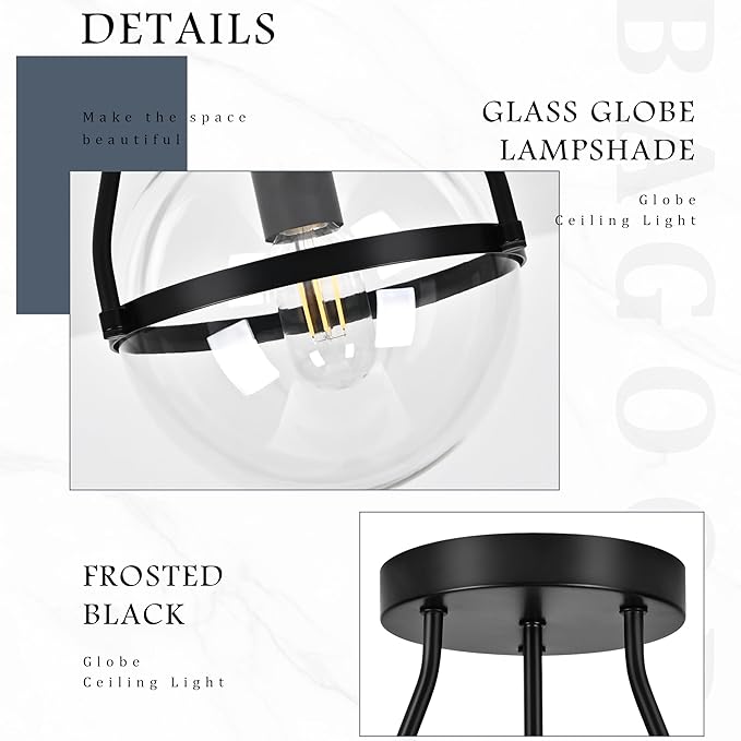 Bagood 8 Inch Mid Century Ceiling Light Modern Black Semi Flush Mount Ceiling Light with Clear Glass Shade Globe Semi Flush Mount Ceiling Light Fixture for Bedroom Hallway Bathroom Foyer (Bulb Incl.)