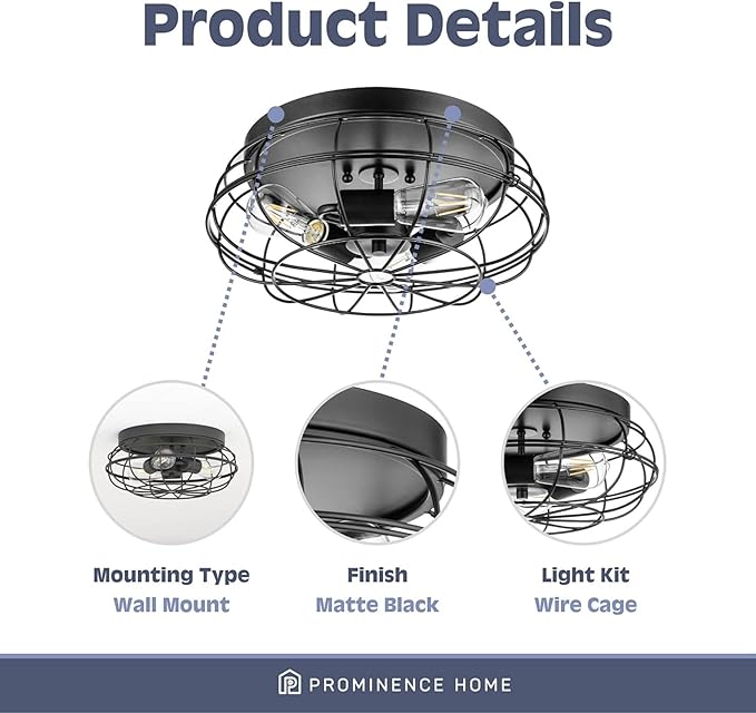 Prominence Home Lincoln Woods 15" Matte Black Industrial Flush Mount Light with Cage - 51552-01
