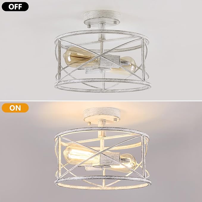 White Semi Flush Ceiling Light Fixture, 2-Light Farmhouse Flush Mount Light Fixtures, Modern Industrial Metal Cage Pendant Lighting for Hallway, Bedroom, Kitchen, Foyer, Living Room, Dining Room