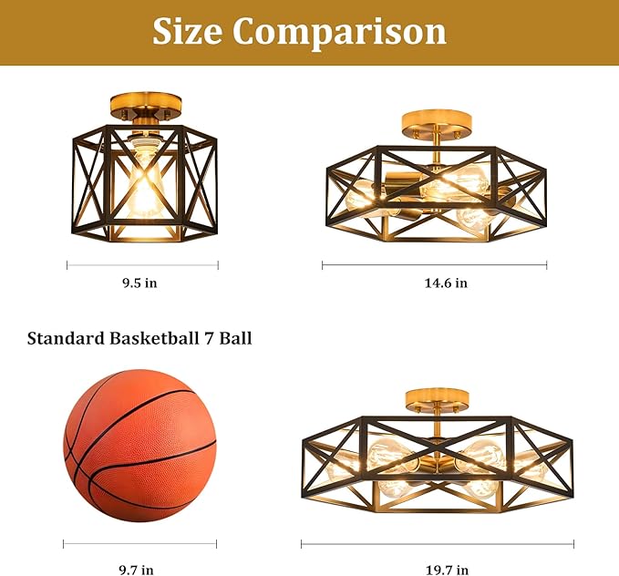 Modern Farmhouse Semi Flush Mount Ceiling Light,Industrial Black and Gold Ceiling Lighting Fixture,Hexagonal Close to Ceiling Lights for Kitchen,Living,Dining Room,Bedroom,Foyer,19.7 Inch