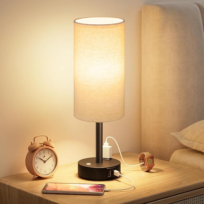 Touch Bedside Table Lamp with Memory - Stepless Dimmable Lamp for Bedroom, Small Nightstand Lamp with Dual USB Charging Ports and AC Outlet, Wood Night Light, Deak Lamp for Nursery (Beige & Black)