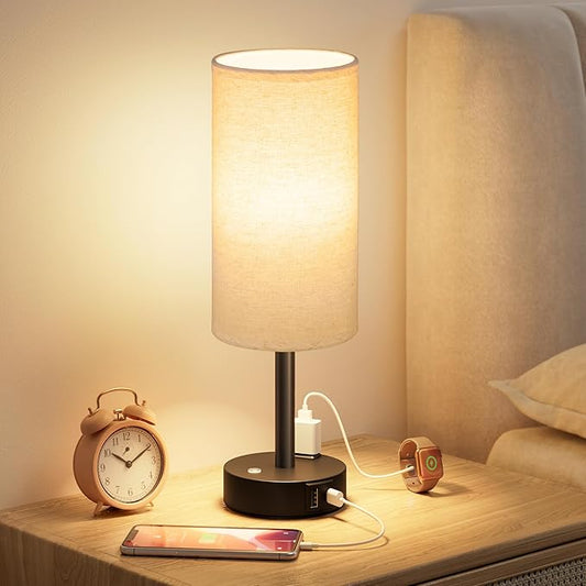 Touch Bedside Table Lamp with Memory - Stepless Dimmable Lamp for Bedroom, Small Nightstand Lamp with Dual USB Charging Ports and AC Outlet, Wood Night Light, Deak Lamp for Nursery (Beige & Black)