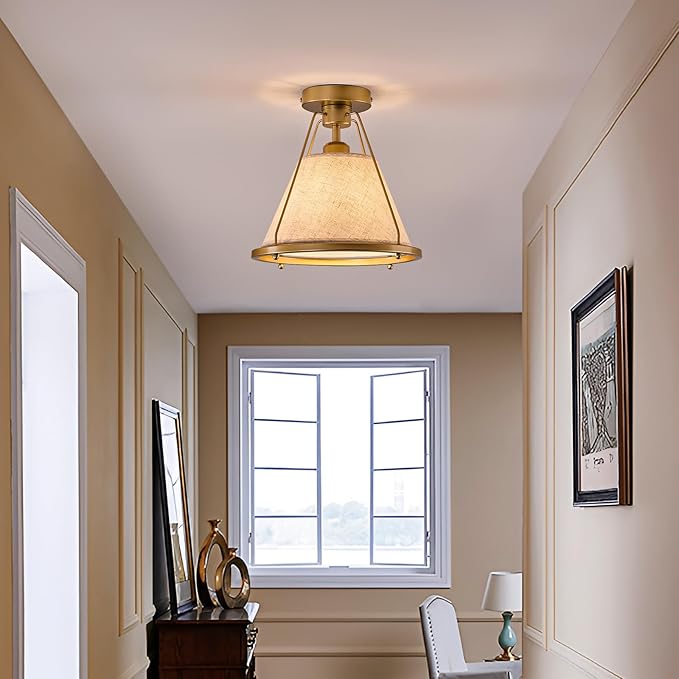 Gold Semi Flush Mount Ceiling Light Fixture with Fabric Shade Modern Bedroom Light Fixture Farmhose Close to Ceiling Light for Living Room Kitchen Hallway Entryway