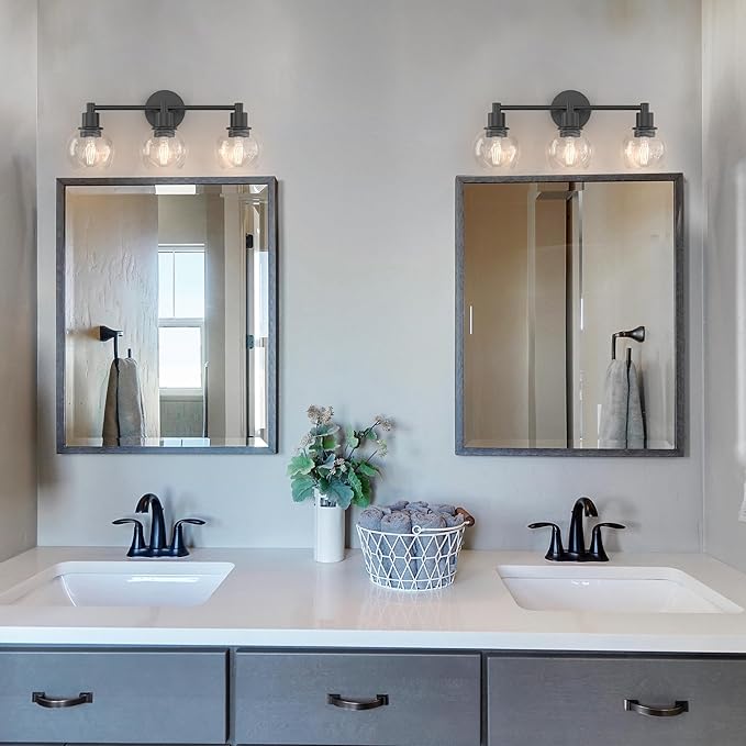 Espird 3 Lights Bathroom Vanity Light Fixtures Black, Bathroom Lights Over Mirror, Industrial and Farmhouse 3 Lights Wall Sconce, Matte Black Globe Vanity Lighting Fixtures