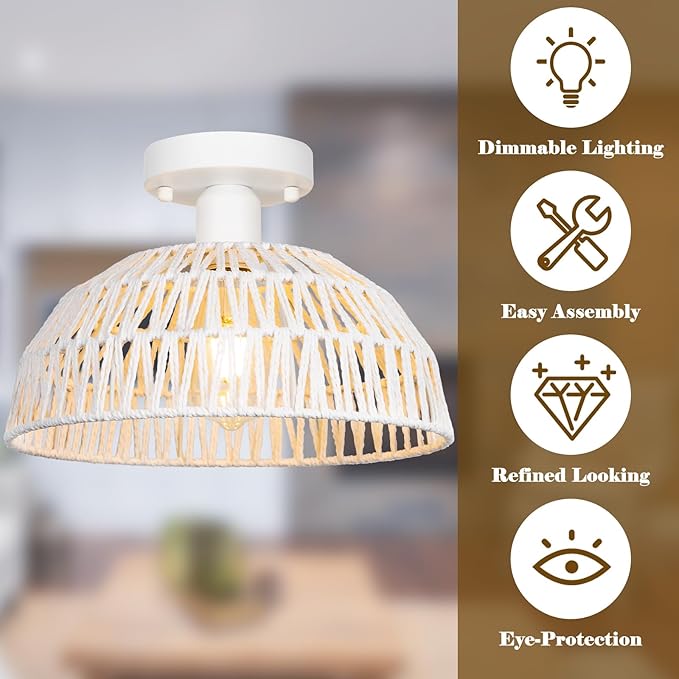 Rattan Ceiling Light Fixtures 2 Packs-White Rustic Woven Basket Flush Mount Ceiling Light, Handmade Wicker Ceiling Lamp, Rattan Chandelier For Kitchen Island, Hallway, Living Room, Bedroom, E26 Base