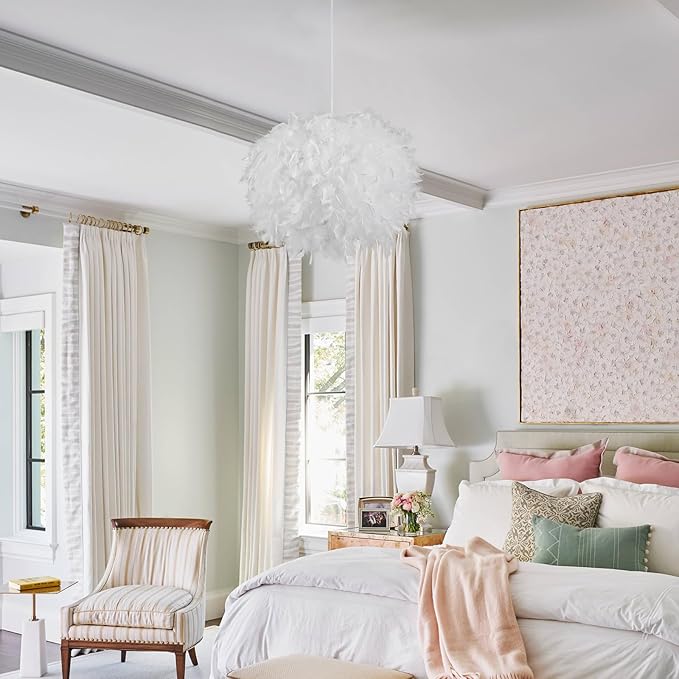 NZV White Feather Pendant Light for Bedroom 15.8in Modern Feathers Chandelier Light Fixture for Girls Room Romantic White Hanging Ceiling Lighting for Dining Room Kitchen Island Foyer Hallway