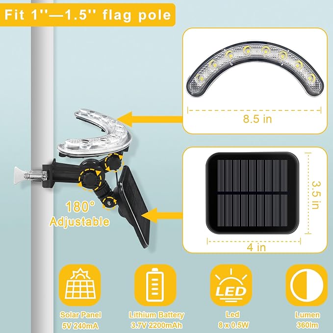 Solar Flag Pole Light, Flagpole Light Solar Powered - 3000K Warm, Super Bright PC Crystal LED Spotlights, Upgraded 2200mAh 145Lm, Adjustable Bracket & Metal Clamp Fits 1-1.5" Flagpole, 8-12 Hrs, Black