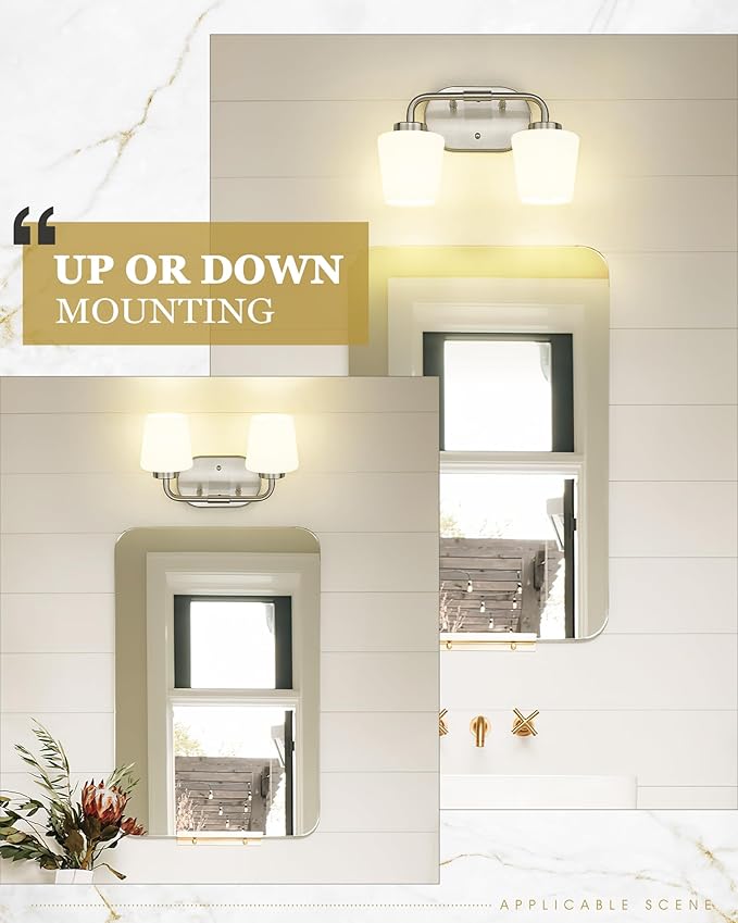 Bathroom Light Fixtures Over Mirror, 2-Light Brushed Nickel Vanity Lighting Fixtures with Milk White Glass, Vintage Farmhouse Wall Sconces Lighting, AD-22004-2W-SN