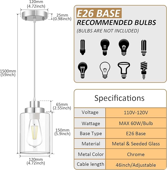 Industrial Pendant Lighting, Modern Clear Glass Shade Pendant Lights, Adjustable Hanging Light Fixtures, Farmhouse Pendant Lighting for Kitchen Island Living Room Bedroom Hallway 3-Pack