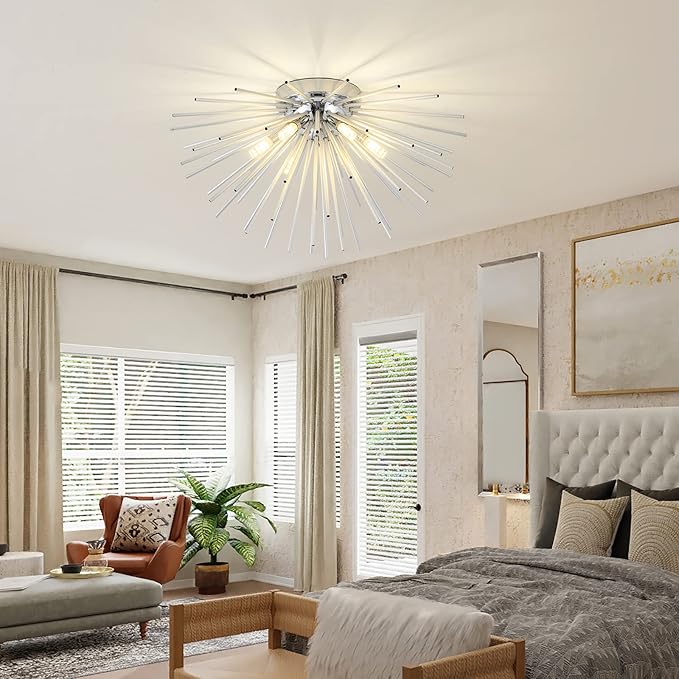 CM MZY Sputnik Flush Mount Ceiling Light Fixture, 6-Light Chrome Firework Ceiling Lights, 19.6" Modern Chandeliers Close to Ceiling Lamp for Bedroom Kitchen Hallway Entryway, G9 Socket