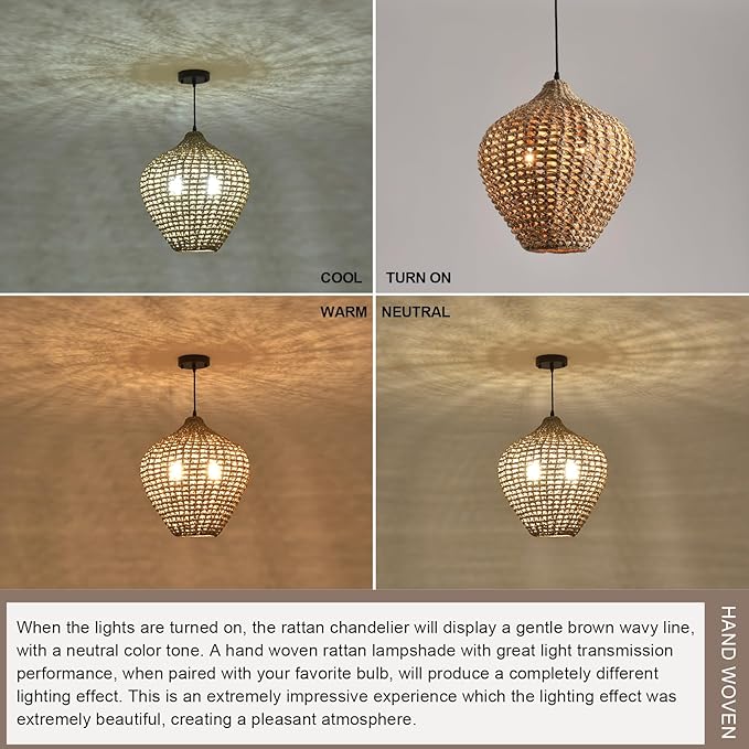 15.75" Rattan Pendant Light,2-Light Boho Hand Woven Coastal Wicker Hanging Ceiling Chandeliers,for Kitchen Island, Dining Room, Farmhouse,Foyer