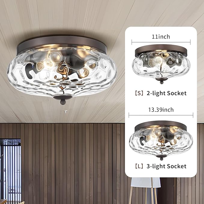 Darkaway Large Ceiling Light Fixtures, 3-Light Flush Mount Ceiling Light with Water Ripple Glass Shade for Indoor Outdoor Hallway Kitchen Bedroom Porch Living Room Oil-Rubbed Bronze Finish