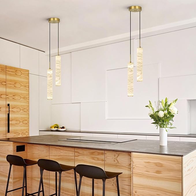 LMQNINE Natural Alabaster Pendant Lights for Kitchen Island White Marble Long Tube Chandelier 4000K Modern Gold Ceiling Light Fixtures for Bedroom Dining Room Table Living Room Hallway(M-2Light)