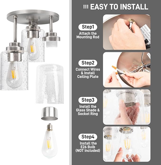 hykolity 3-Light Semi Flush Mount Ceiling Light, 9 Inch Brush Nickel Close to Ceiling Light Fixtures with Seeded Glass Shades, Modern Ceiling Lighting for Kitchen, Bedroom, Entryway, ETL Listed
