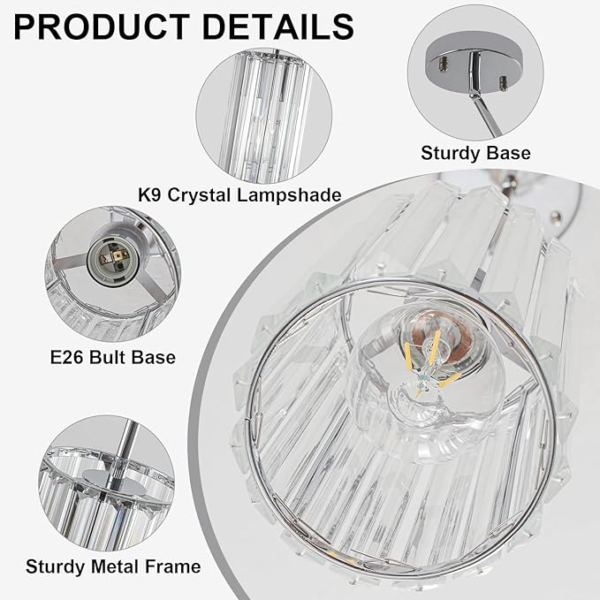 3 Pack Chrome Modern Pendant Lights Mini Chandelier Kitchen Island Pendant Lights Hanging Light Fixtures Adjustable Crystal Chandelier Fixture for Island Dining Room Hallway Bedroom