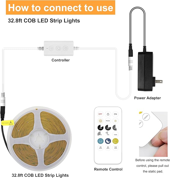 AXMOTUT COB LED Strip Lights with RF Remote, 24V 32.8ft Warm White Dimmable LED Light Strips, High Bright 2700K LED Lights with Power Supply for Room, Kitchen, DIY Home Decoration