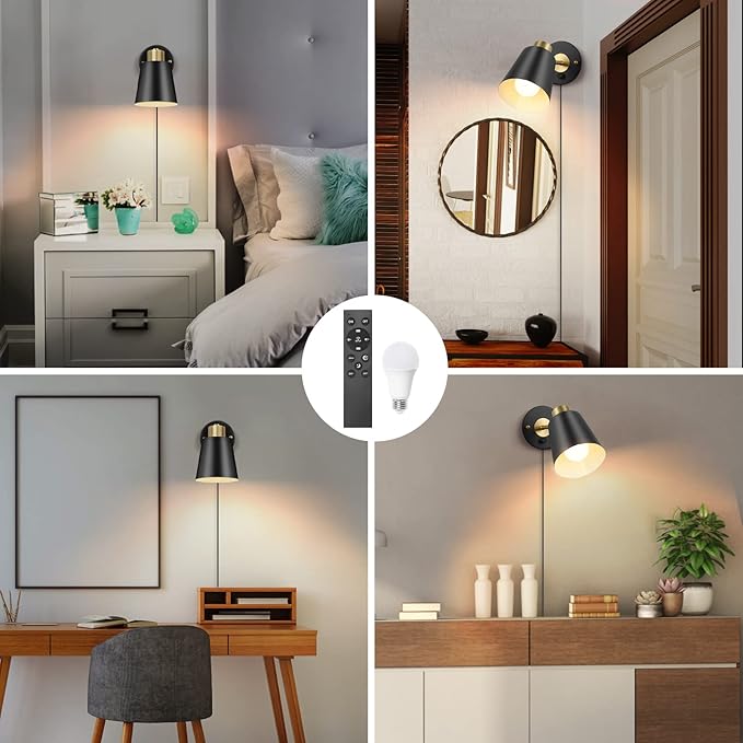 VATONI Wall Sconce Plug in, Remote Control Dimmable Wall Sconces and Adjustable Color Temperature 2700K-6000K Wall Lights with Plug in Cord, Wall Mounted Light for Bedroom Bedside(2 Pack, 2 Bulbs)