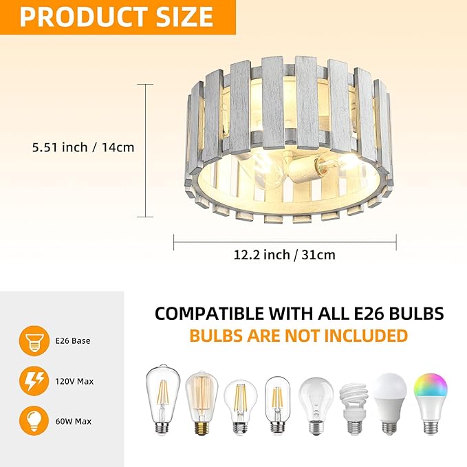 Farmhouse Flush Mount Ceiling Light, 12.2 Inch 3-Light Metal and Wood Close to Ceiling Light Fixture, White Hallway Light Fixtures Ceiling, Rustic Drum Ceiling Light for Kitchen, Entryway, Hallway
