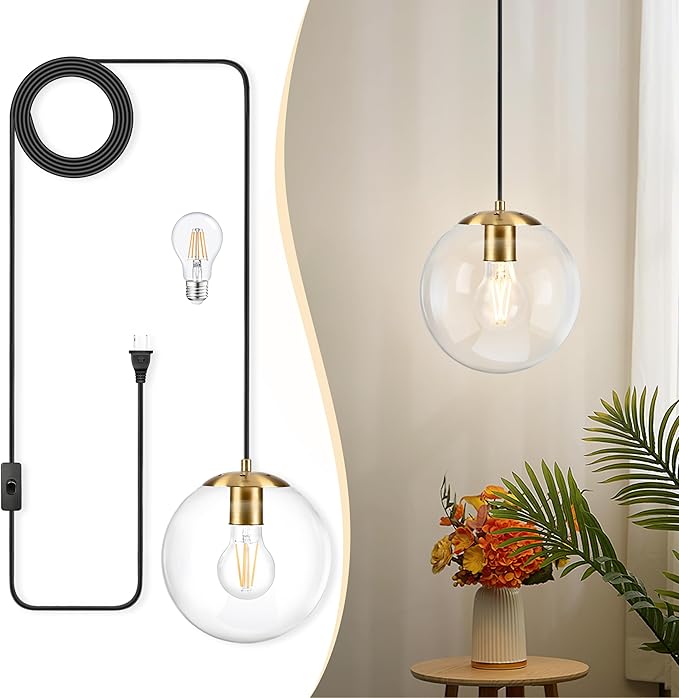 KoKo&Yukina 8" Globe Pendant Light Gold Plug in Pendant Light Adjustable Hanging Lights with Plug in Cord Brushed Gold Finished with Clear Glass Lampshade for Bedroom Kitchen Island（Bulb Included）