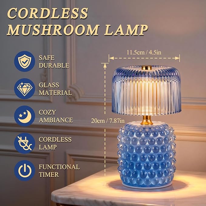 Small Battery Operated Lamp with Timer, Tiny Cordless Glass Table Lamp for Home Decor, Kitchen, Bathroom, Birthday Gift for Women, Pearl, Blue