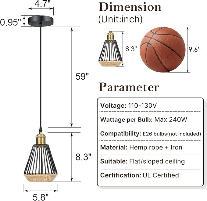ropelux Pendant Lights Kitchen Island, Modern Kitchen Island Lighting, Adjustable Height Farmhouse Black Gold Brass Hanging Light Fixture for Living Room Sink Dinning Room Bedroom- 1PC