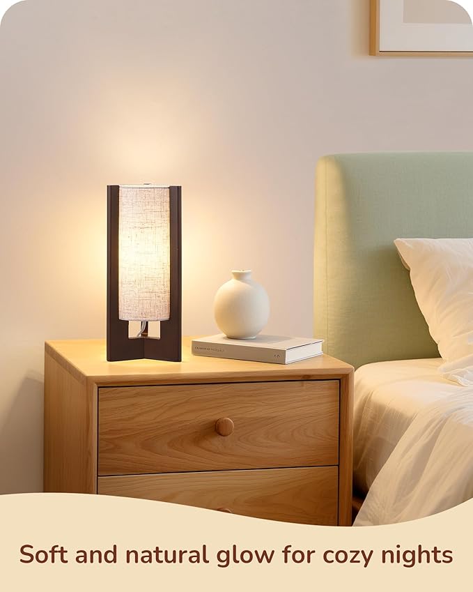 EDISHINE Wood Table Lamp, 13.5" Small Bedside Lamp, Beige Linen Shade, Rose Wood Cylinder Nightstand Lamp for Bedroom Living Room, On-Off Line Switch, E26 Base (Bulb Not Included)