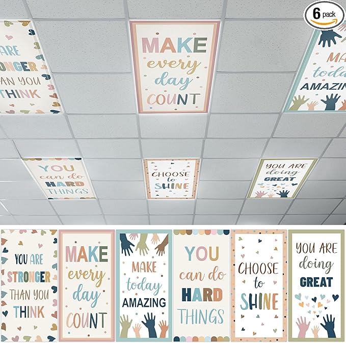 QOUBAI 6 Pcs Fluorescent Light Covers,4 x 2 Ft Magnetic Light Filters Motivational Fluorescent Lights Shade Easy Install for Classroom Office Library Hospital Home Ceiling Boho dot