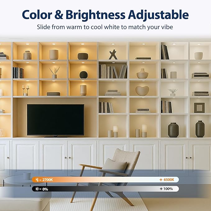 V4light Smart Plug-in LED Puck Lights Brown, Ultra-Thin Under Cabinet Lighting for Kitchen, Closet & Shelf, App, Voice & Hand Control, Compatible with Alexa & Google Home, Dimmable Warm to Cool White