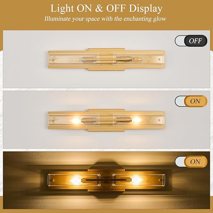 VitaLink Modern Bathroom Vanity Light Fixtures, 24-Inch Gold Modern Glass Bathroom Wall Lighting Fixtures Over Mirror Wall Mounting Lighting for Living Rooms Hallways Bedrooms