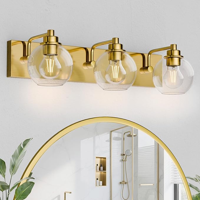 Espird 3 Light Bathroom Light Fixtures-Brushed Gold Bathroom Vanity Lights, Modern Vanity Lights 3-Light Bathroom Lighting Fixtures Over Mirror with Clear Glass Globe Shade