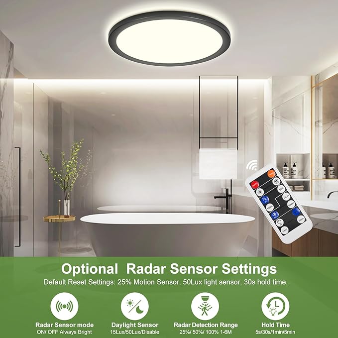 LEZOE 24W Motion Sensor LED Ceiling Light dimmable with Remote, 12Inch 2400lm 3000K/4000K/6500K Flush Mount Ceiling Lighting Fixture, Radar Ceiling Lamp for Hallway Laundry Porch Stair Closet Black