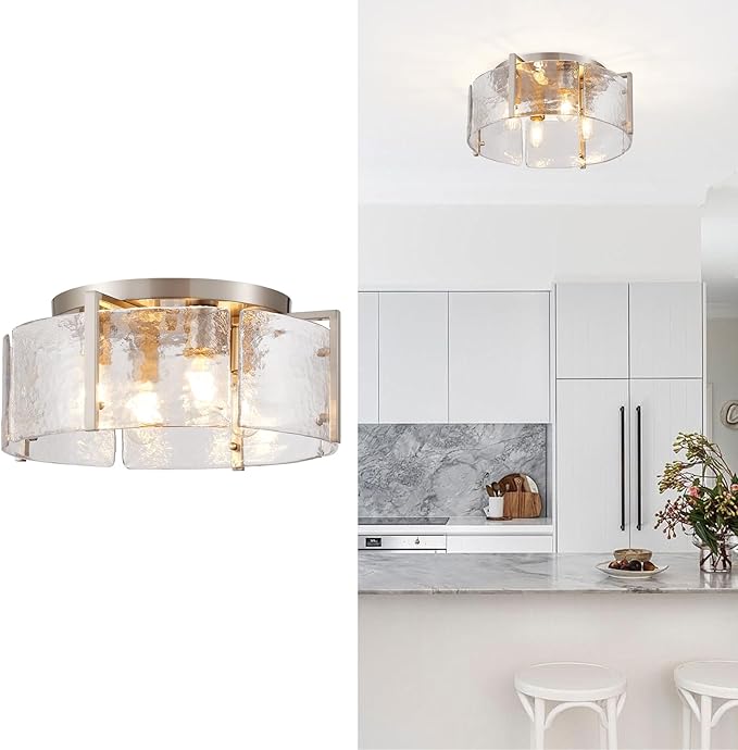 17.3“ Semi Flush Mount Ceiling Light Fixture Brushed Nickel 4-Light Modern Water Ripple Chandelier Glass Light Fixture for Entryway Hallway Kitchen Island Dining Room Foyer Bedroom Hallway