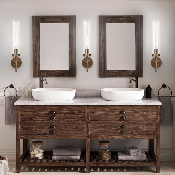 Bronze Wall Sconces Set of Two with White Lights, 19.5'' Brushed Brass Knurled Bathroom Sconces Wall Lighting Vanity Light with Clear Glass for Living Room Mirror Bedroom Stairs
