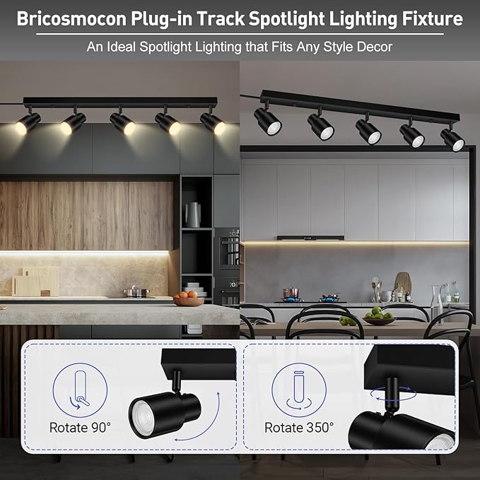 Plug in Track Lighting, 30" LED Track Light Fixtures Ceiling, Black 5 Way Ceiling Lights for Kitchen, 15FT Cord, Rotatable Light Head, Rocker Switch, Plug Spotlight for Bedroom Hallway(GU10, NO Bulb)