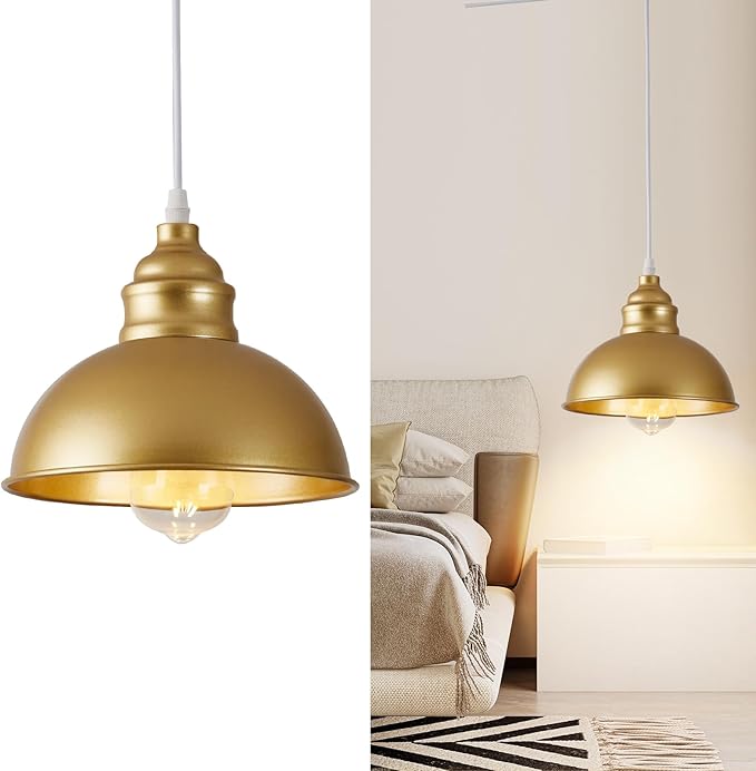 Plug in Pendant Light, 15FT Hanging Lights, On/Off Switch, Industrial Pendant Light with Plug in Cord, Metal Hanging Lamps for Living Room, Kitchen, Dining Room Gold