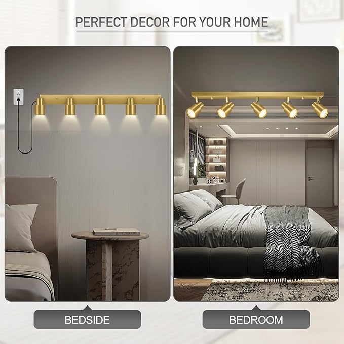 Track Lighting Plug in, 30" LED Track Light Fixtures Ceiling, Gold 5 Way Spotlight, Rotatable Head, Plug Wall Lights with 14.8FT Cord, Ceiling Lighting for Kitchen Hallway Bar(GU10, NO Bulb)