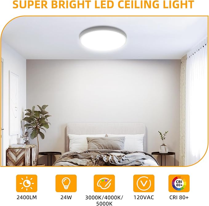 Hlite 2pack 12 inch Flush Mount LED Ceiling Light Fixtures, 24W 2400LM Super Slim, 3000K/4000K/5000K 3CCT Selectable, for Kitchen, Bedroom (White)