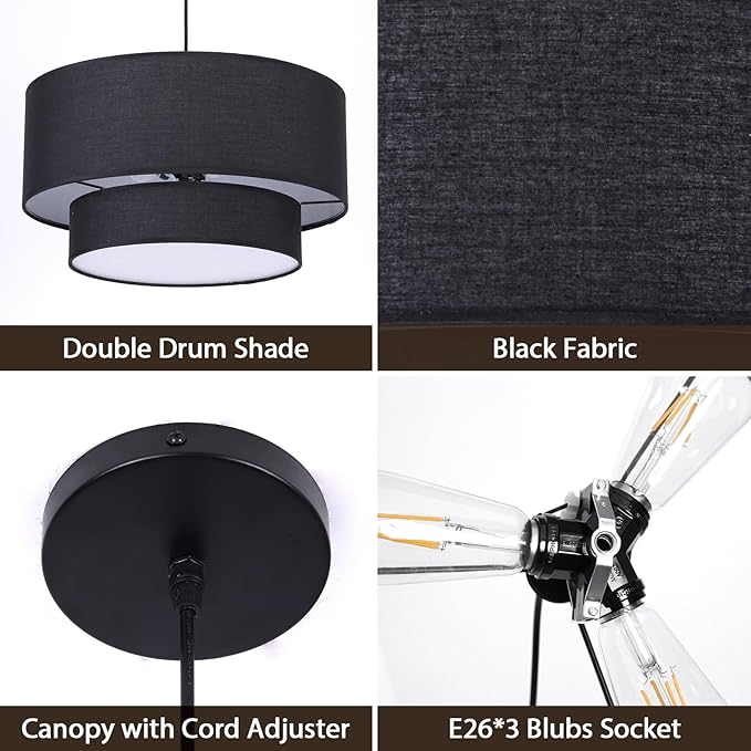 Black Drum Pendant Light Fixtures, 18” Double Drum Chandelier with Fabric Lampshade E26 Base, 3 Light Dining Room Light Fixture, 2-Tier Chandelier for Bedroom and Kitchen(Bulb not Included)