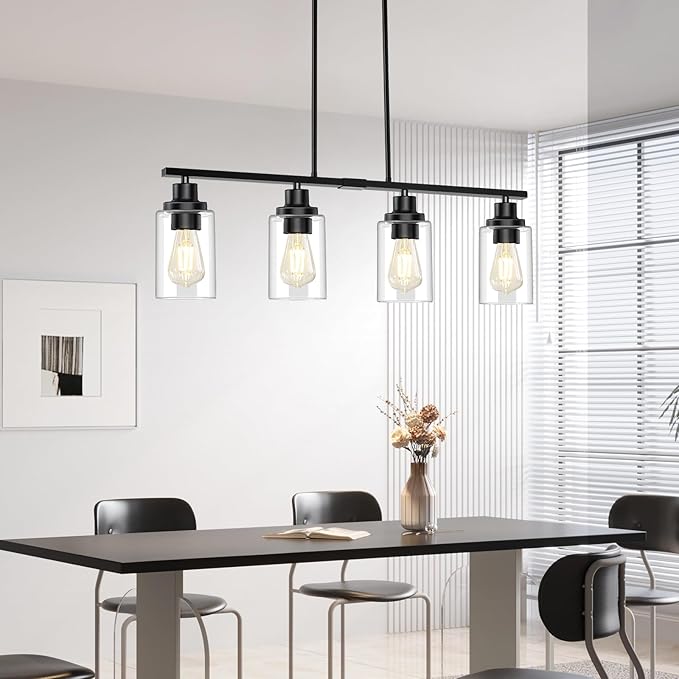 Dining Room Light Fixture, 4-Light Industrial Black Chandeliers for Dining Room, Height-Adjustable Dining Room Light Fixtures Over Table, Dining Room Chandelier Clear Glass Shade for Kitchen Island