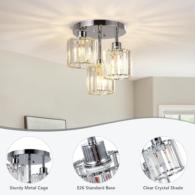 Semi Flush Mount Ceiling Light,3-Light Modern Close to Ceiling Light Fixtures,Kitchen Light with Clear Crystal Shades, Hallway Light Fixtures for Kitchen Entryway Bedroom Bathroom Foyer